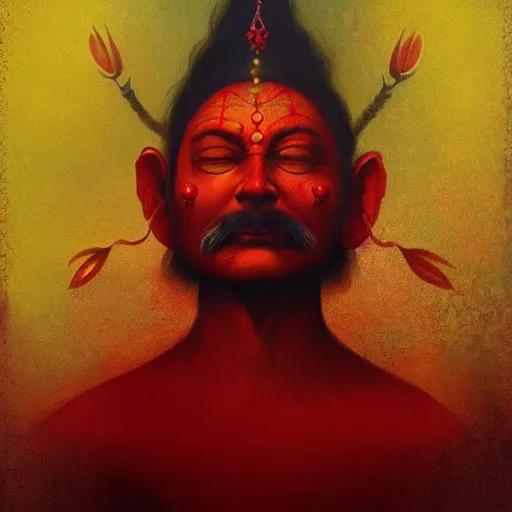 Image similar to wise old Indian guru, floating in the air, meditation, red and gold, by Anato Finnstark, Tom Bagshaw, Brom