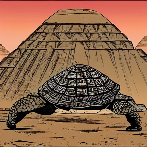 Image similar to gigantic colossal tortoise in the desert below pyramid ziggurat highly detailed concept art schematic, Laurie Greasley