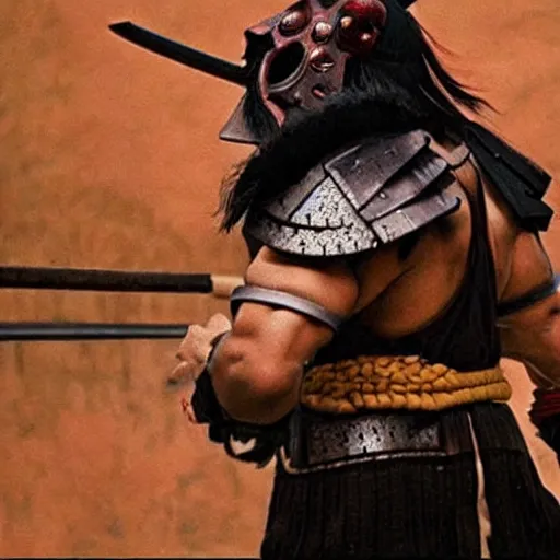 Image similar to big buff strong very buff samurai wearing an oni mask, movie still