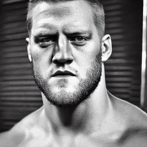 Image similar to “a realistic detailed photo of a guy who is an attractive humanoid who is half robot and half humanoid, who is a male android, football player JJ Watt, shiny skin, posing like a statue, blank stare”