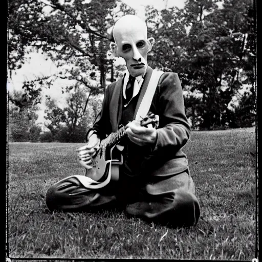 Image similar to vintage photograph of count orlok crouched on the lawn outside his castle, playing the blues on guitar, 4 k