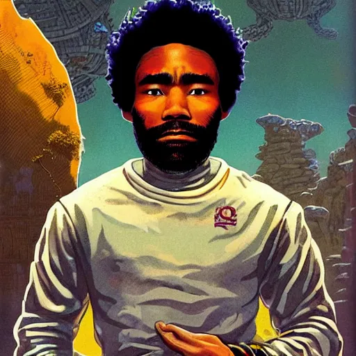 Prompt: donald glover, character portrait, portrait, close up, concept art, intricate details, highly detailed, vintage sci - fi poster, retro future, in the style of chris foss, rodger dean, moebius, michael whelan, and gustave dore