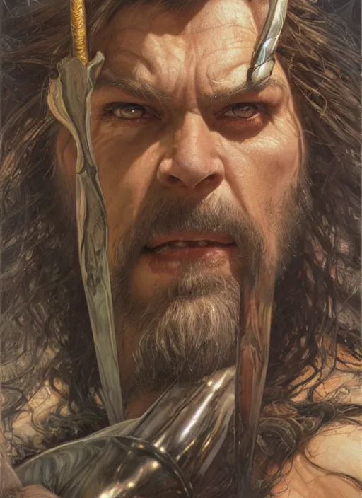 Prompt: a hyperrealistic and detailed paintbrush portrait of a male fantasy character, art by donato giancola and bayard wu and gustav moreau and wayne barlowe, rpg portrait, conan, krull, 8 0's fantasy movies, dungeons & dragons, d & d, artstation