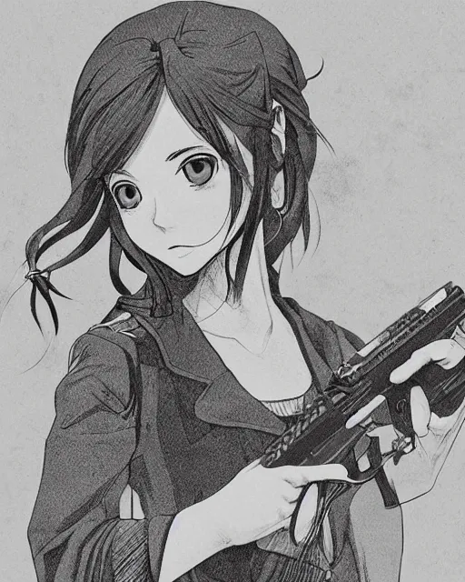 Image similar to portrait of a girl holding a pistol, detailed manga art panel, professional