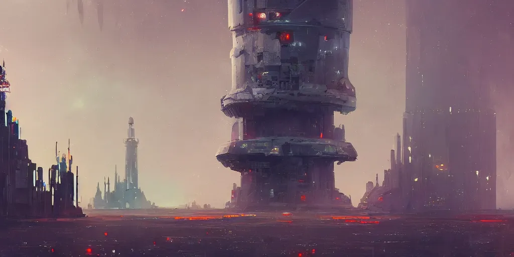 Image similar to concept art of a lone towering sci - fi lighthouse at the cape of a big city, grimy, gritty, blade runner 2 0 4 9, trending on artstation, award winning painting, cgi, art by john berkey and anton fadeev and john howe and simon stalenhag