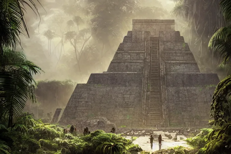 Prompt: Brutalist mayan temple in the jungle, beautiful dynamic lighting, cinematic, wide angle establishing shot, extremely high detail, photo realistic, cinematic lighting, post processed, concept art, artstation, matte painting, style by eddie mendoza, raphael lacoste, alex ross