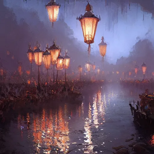 Image similar to concept art, river lanterns on the eve of ullambana festival, by james gurney, greg rutkowski, john howe, artstation