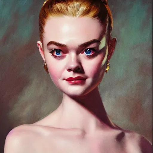 Prompt: ultra realistic portrait painting of elle fanning in mad men, art by frank frazetta, 4 k, ultra realistic, highly detailed, epic lighting