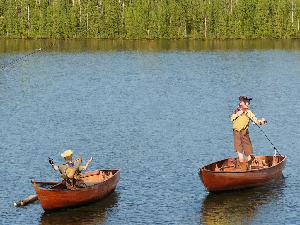 Prompt: disney's goofy fishing with rod from old wooden rowboat on a finnish lake