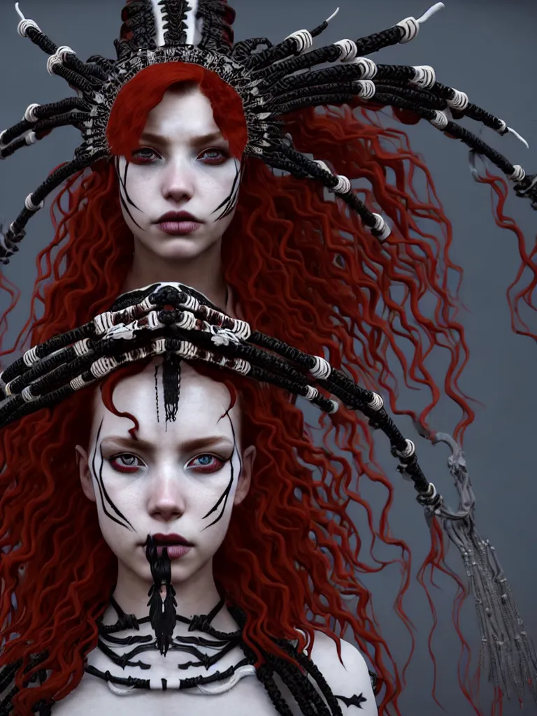 Prompt: a single fierce looking beautiful young woman with curly red hair and symmetrical white makeup, strapped with black rope, wearing an intricate headdress made from bones and leather, painted by makoto shinkai, intricate linework, unreal engine 5 highly rendered, global illumination, radiant light, detailed and intricate environment