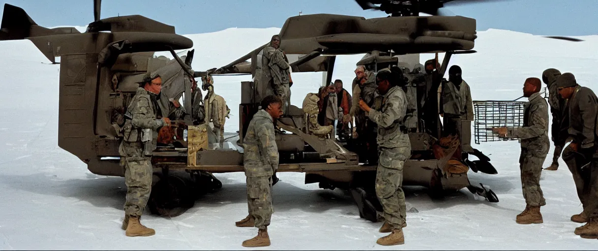 Prompt: establishing wide shot color movie like 3 5 mm photograph of a us soldier unloading metal crate from a black military 1 9 8 2 helicopter in antarctica