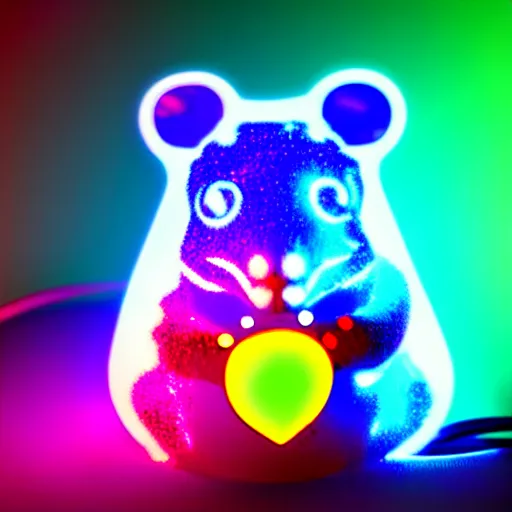 Image similar to cyberpunk hamster made of glowing neon lights holding a rainbow gem crystal, light reflection, 8 k, hd, logo