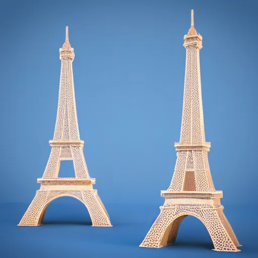 Image similar to 3d render of a small Eiffel Tower model made of Swiss cheese, blue background, soft lighting