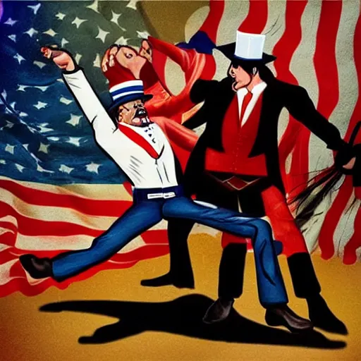 Image similar to uncle sam beating up steven seagal, realistic, trending on art station, detailed, coherent