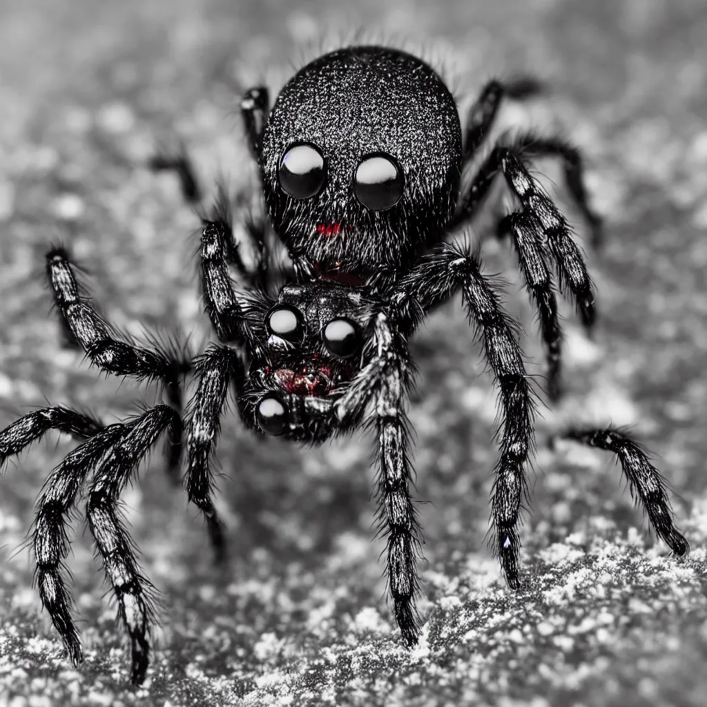 Prompt: one small black spider with big eyes on snow, macro view, frontal view, high detail