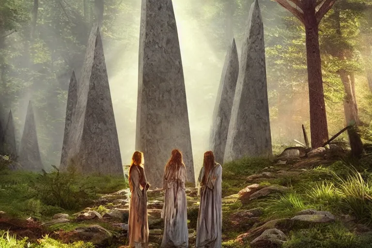 Prompt: druids gather on mountain in forest, glowing obelisk, dreamy vibe. Photo-realistic UHDR, hyperrealism. detailed, dramatic, cinematic,
