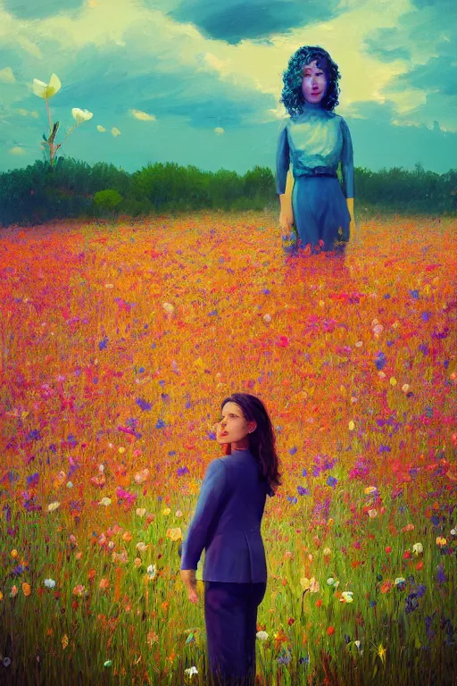 Image similar to closeup, giant flower head, girl in suit standing in a field of flowers, surreal photography, sunrise, blue sky, dramatic light, impressionist painting, digital painting, artstation, simon stalenhag