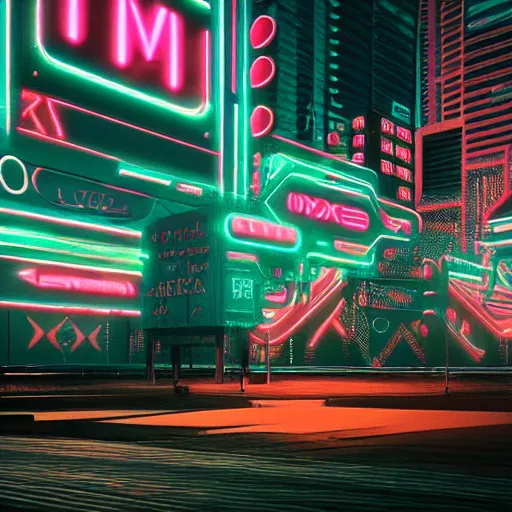 Image similar to shaman cyberpunk, shaman totems, shaman symbols, shaman architecture, neon billboards, neon lights, photorealistic, vfx, elegant, ultra sharp lines, 4 k, unreal engine 5, octane render, extreme contrast