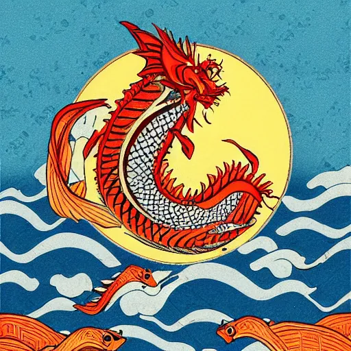 Image similar to koi fish, dragon, sunset, samorai, eating sushi, gensha, ukiyo - e