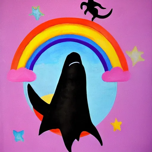 Image similar to the grim reaper riding a dolphin that is jumping over a rainbow, by mary blair,