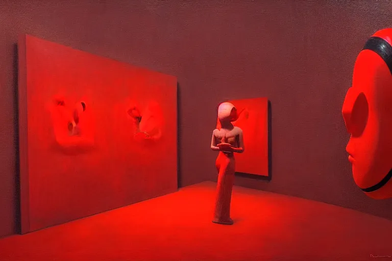 Image similar to only with red, red art thieves with disney masks, in a museum with contemporary art paintings, in the style of beksinski, parts by edward hopper, parts by rodcenko, parts by yue minjun, intricate and epic composition, red by caravaggio, insanely quality, highly detailed, masterpiece, red light, artstation, 4 k