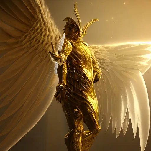 Prompt: Angel in white linen, golden armor, glowing sword in hand, translucent wings, concept character, beautiful, stunning, gold mist, radiating power, energy, god rays, luminescence, fractal, unreal engine, 8k