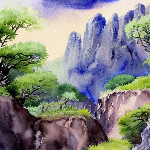 Image similar to detailed watercolor of a lush natural scene on an alien planet by stephen quiller. beautiful landscape. weird vegetation. cliffs and water.