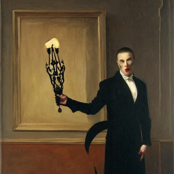 Prompt: urban fantasy plotting scheming vampire courtier, dressed in an elegant modern suit, hiding a dagger behind their back, John Collier 1887, oil paint and gold leaf