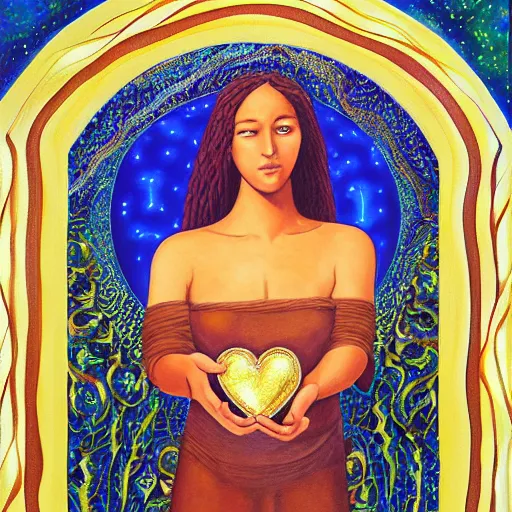 Image similar to a painting of a woman holding a glowing golden heart in the water, an acrylic on canvas painting by amanda sage and magali villenueve, louvre contest winner, gold foil, metaphysical painting, wiccan, mystical, tarot card art