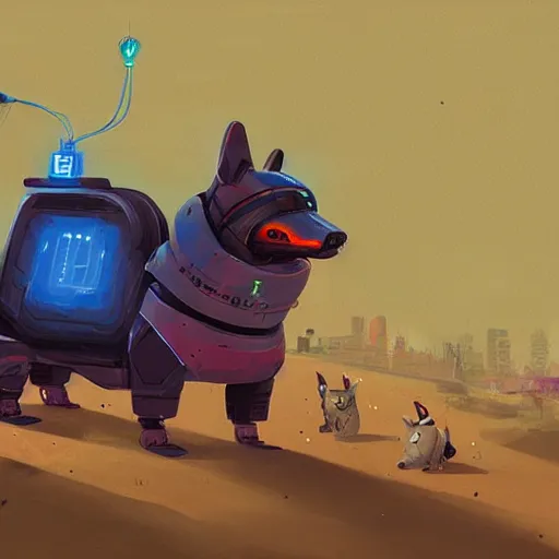 Image similar to a cyberpunk corgi robot, digital painting by simon stalenhag