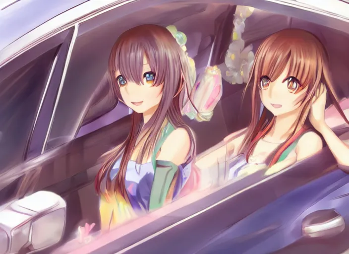 Image similar to anime car warp, 2 0 0 0 clannad shuffle toheart event'anime illustration japanese very very beautiful cute girls doing cute things trending on artstation pixiv makoto shinkai smiling super detailed eyes eyebrowless symmetry face visual novel hairpin star