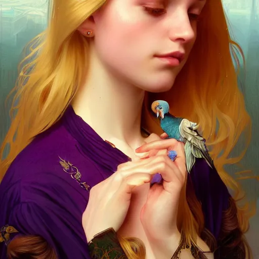 Image similar to portrait of a young blonde girl with a dark purple parrot, upper body, long hair, intricate, elegant, highly detailed, digital painting, artstation, concept art, matte, sharp focus, illustration, art by artgerm and greg rutkowski and alphonse mucha