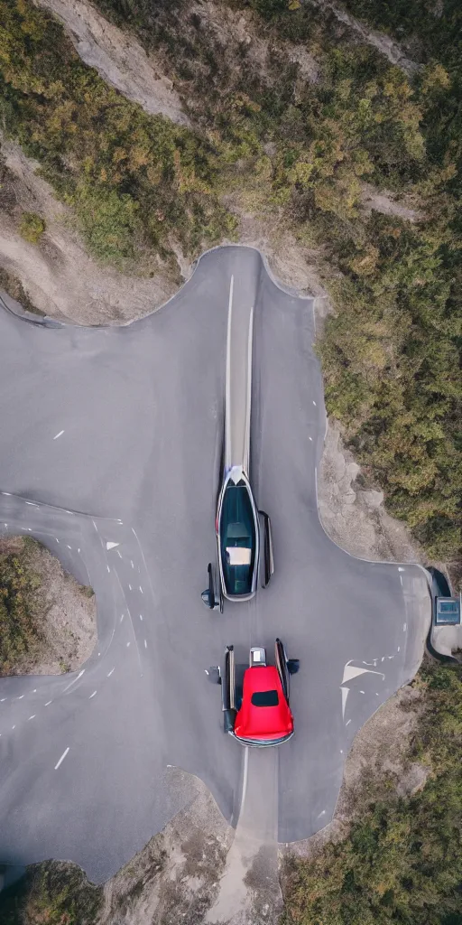 Image similar to detailed dji mavic flying over a mountain road with a super car on it, photo, kodak portra 4 0 0, direct flash, cinematic lightning, anti aliasing