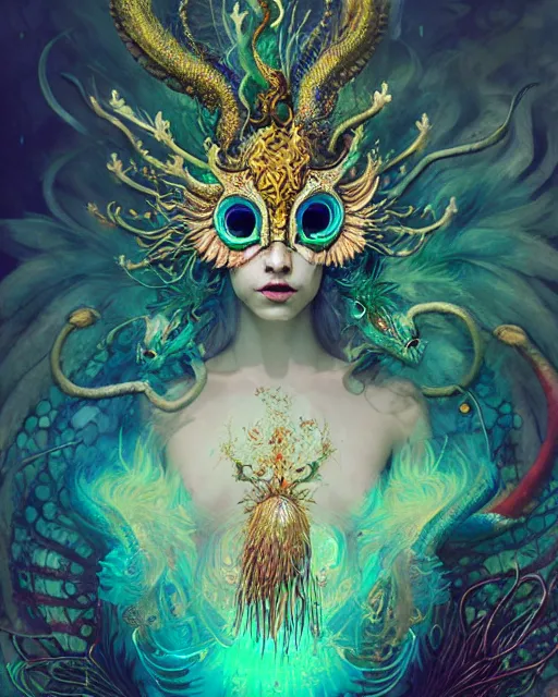 Prompt: intricately detailed dragon priestess mask adorning flowery horns and ancient peacock feathers, liquid smoke, shattered glass, underwater glow, peter mohrbacher, ismail inceoglu, james jean