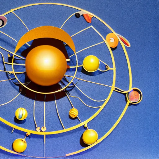 Image similar to a kinetic sculpture of this solar system, sun, orrery, canon 5 d 5 0 mm lens, papier - mache, studio, circa 3 0 6 0