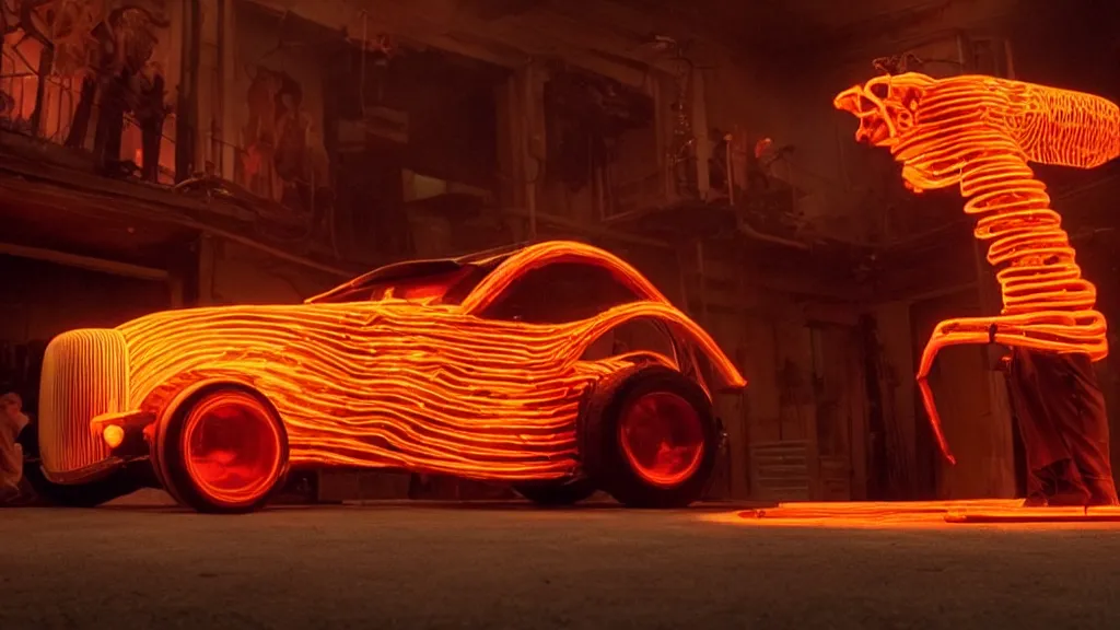 Image similar to the hot rod made of glowing wax, they look me in the eye, film still from the movie directed by Denis Villeneuve and David Cronenberg with art direction by Salvador Dalí, wide lens