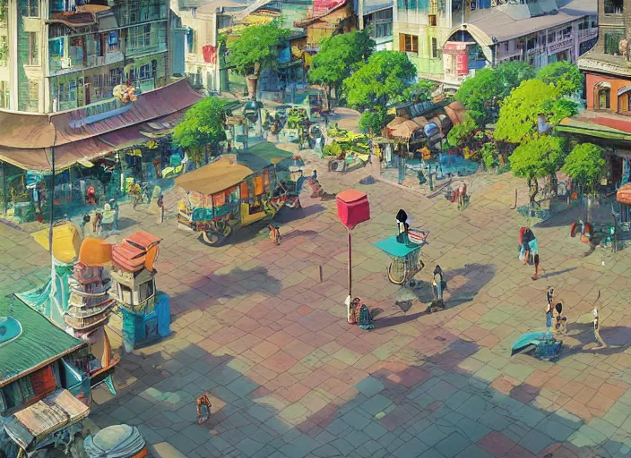 Image similar to bangkok townsquare, without human, empty street, summer morning, very coherent and colorful high contrast, art by gediminas pranckevicius, geof darrow, makoto shinkai, dark shadows, hard lighting