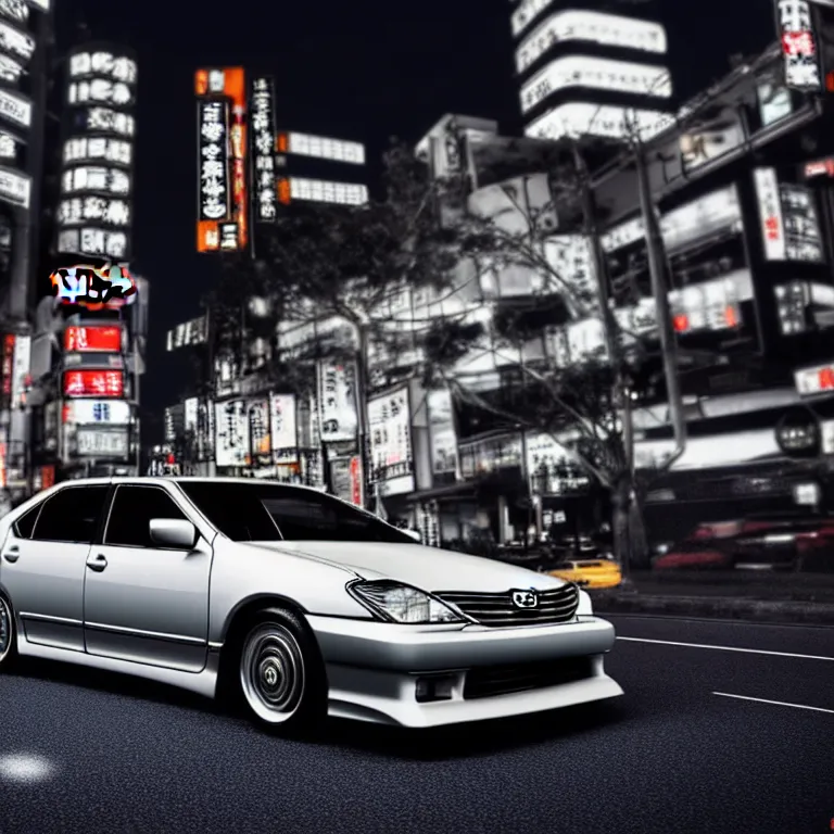 Image similar to Toyota Aristo, detailed-wheels, Shibuya prefecture, cinematic lighting, photorealistic, highly detailed, night photography