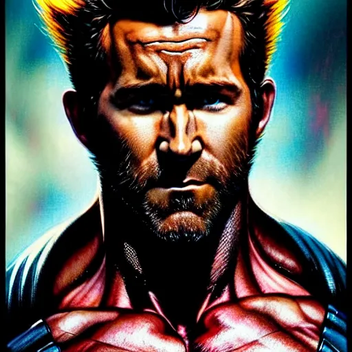 Image similar to uhd photorealistic portrait of ryan reynolds as wolverine, by amano, ayami kojima, greg rutkowski, lisa frank, mark brooks, and karol bak, masterpiece, cinematic composition, dramatic pose, studio lighting, hyperdetailed, intricate details