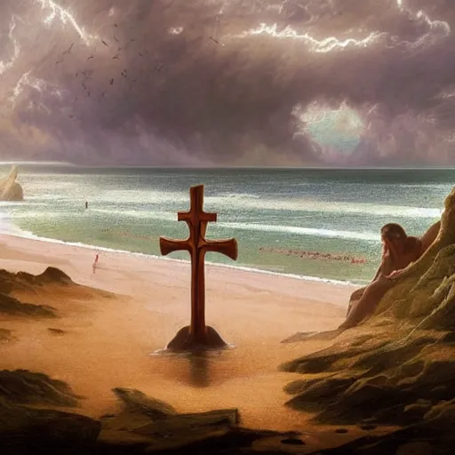 Image similar to a highly detailed tarot card of a large cross standing on the beach as a storm comes in with the tide, woman sitting in the sand watching the ocean, epic fantasy, god rays, rocky beach, ultrawide lense, aerial photography, unreal engine, exquisite detail, 8 k, art by albert bierstadt and greg rutkowski and thomas moran and alphonse mucha