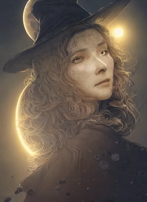 Image similar to golden moon at background, creative!!! composition for a book cover, absurdly beautiful, ultrafine hyperrealistic detailed old witch face by wlop and artgerm and greg rutkowski, intricate linework, sharp focus, smooth, octopath traveler, final fantasy, unreal engine, dramatic lighting, ethereal, 8 k