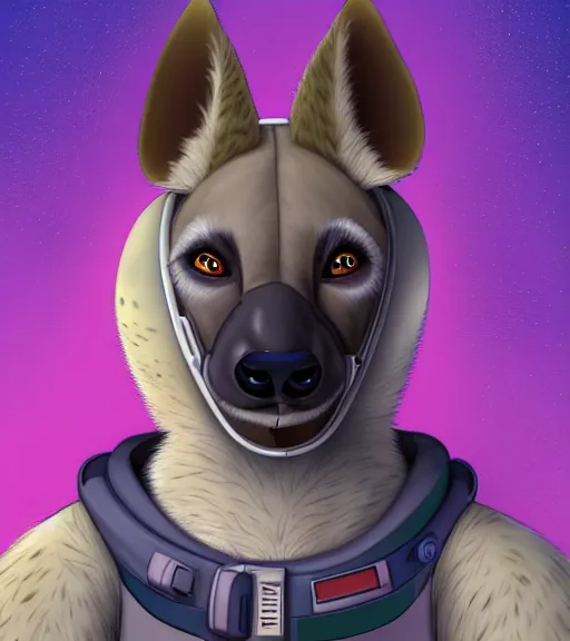 Prompt: digital detailed portrait of anthromorphic female hyena, in style of zootopia, fursona, furry, furaffinity, 4 k, deviantart, wearing astronaut outfit, in style of disney zootopia, floating in space, space background, in deep space, dark background, hyena fursona, cyberpunk, female, detailed face,