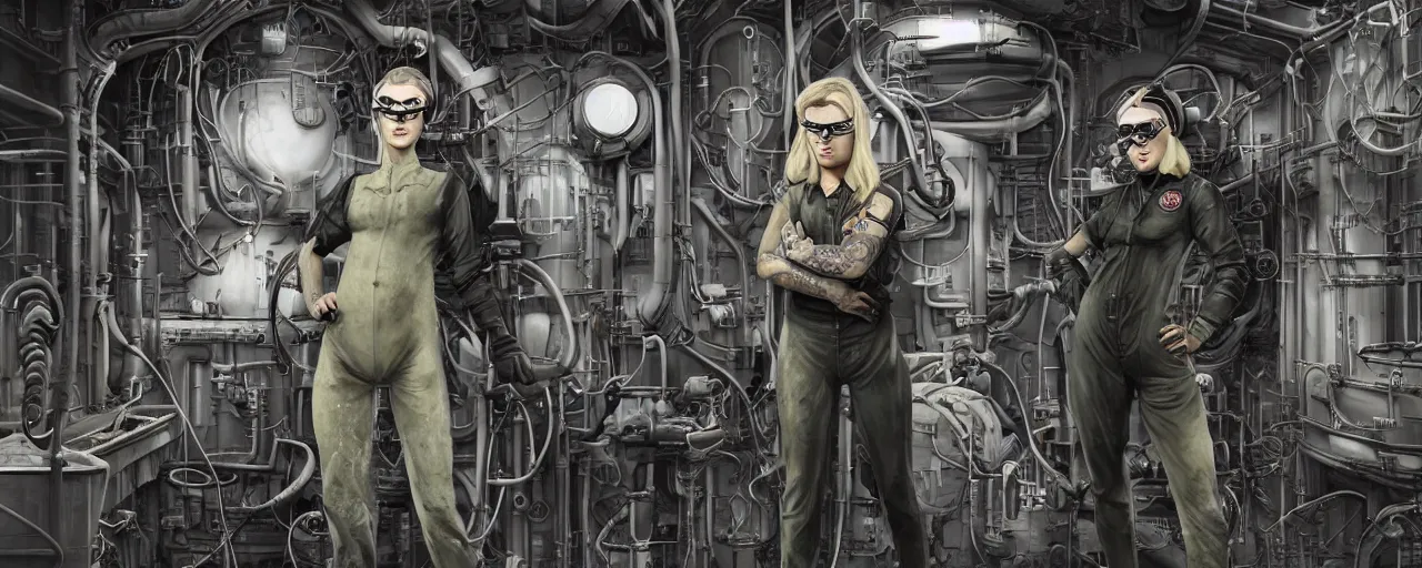 Prompt: illustration 3 / 4 portrait of tattooed stoic heroic emotionless butch blonde woman engineer with short slicked - back hair, wearing dark victorian goggles, working inside reactor room, awkward and uncomfortable and anxious, dirty, dynamic composition by ron cobb. industrial space program, scifi, hyper detailed. octane render. concept art. trending on artstation