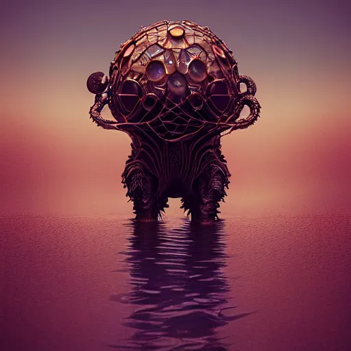 Prompt: creature in a desert, water reflection, backlit, warm tones, bioluminescent : : by michal karcz, daniel merriam, victo ngai and guillermo del toro : : ornate, dynamic, particulate, intricate, elegant, highly detailed, centered, artstation, smooth, sharp focus, octane render, 3 d