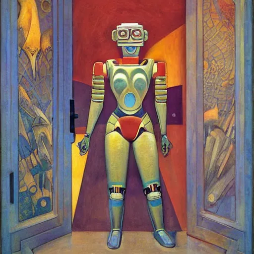 Image similar to the enemy in her robot mask is at the door, by annie swynnerton and kit williams and diego rivera and leo and diane dillon and nicholas roerich, symbolist, dramatic lighting, elaborate geometric ornament, art brut, god rays, soft cool colors, smooth, sharp focus, extremely detailed