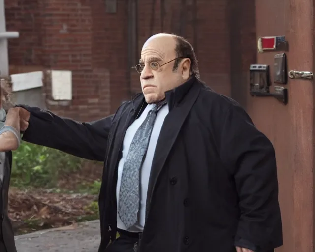 Image similar to a still from an episode of law and order svu starring danny devito, 4 k