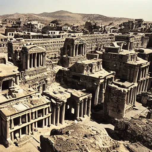 Prompt: photograph of streets surrounded by buildings in an ancient ruined city with massive monumental ornate buildings made of granite surrounded by a hilly steppe with lush grasslands. the architecture is a mixture of geometric byzantine architecture and ancient indian architecture. wide angle 3 5 mm color film photograph.