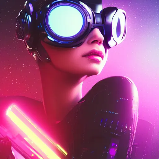 Image similar to cyberpunk concept cool girl cyborg bot, cinema 4 d, galaxy, ufo, space sci - fi, wearing vr goggles, illustration, portrait, pastel neon textured background night, trending on artstation, greg rutkowski, octane rendered, 1 2 k, detailed,