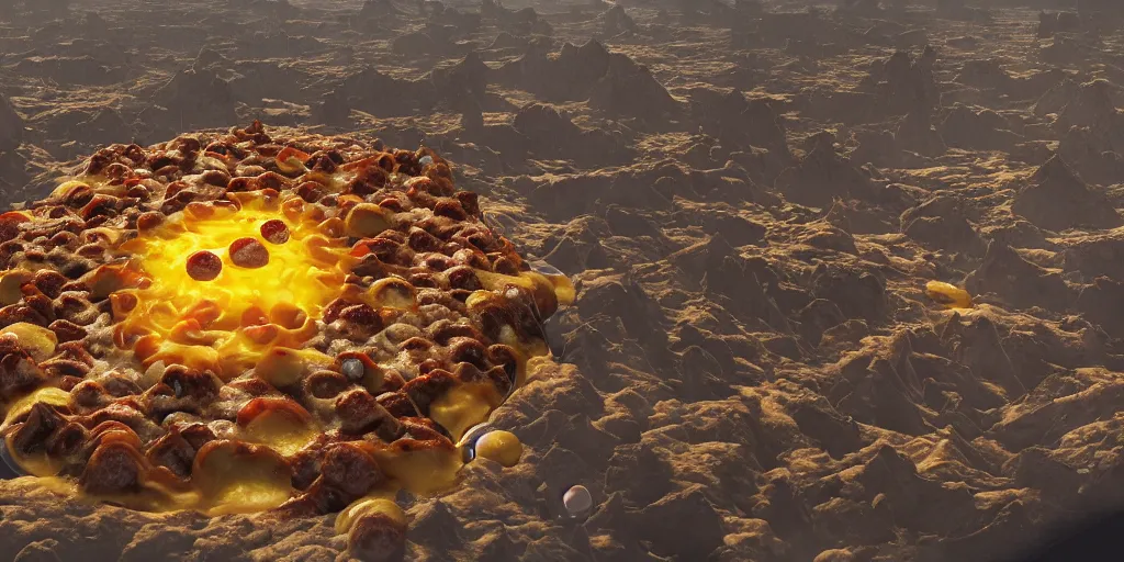 Image similar to planet made of pizza, melted cheese waterfalls, Greg Rutkowski, 3d scene, trending on Artstation, 8K, ultra wide angle, pincushion lens effect.