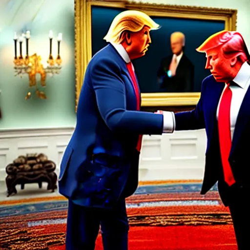 Image similar to joe biden handshakes donald trump ultra realistic, lens flare, atmosphere, glow, detailed, intricate, full of colour, cinematic lighting, trending on artstation, 4 k, hyperrealistic, focused, extreme details, unreal engine 5, cinematic, masterpiece, ultra realistic, hyper realistic, highly detailed, sharp focus, digital art